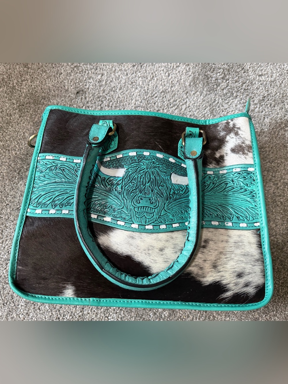 Turquoise Tooled Leather & Hair-On Cowhide Satchel